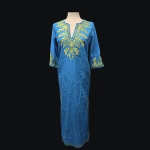 Gretchen Scott Designs Teal Blue Tunic with Lime Green Embroidery
